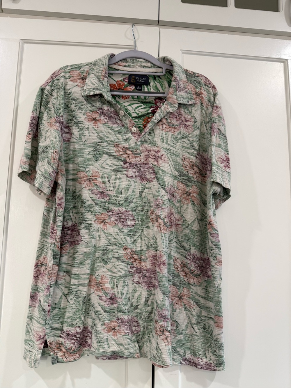 Wallin & Bros Men’s XL Floral Tropical Print Polo Shirt Green Pink Short Sleeve